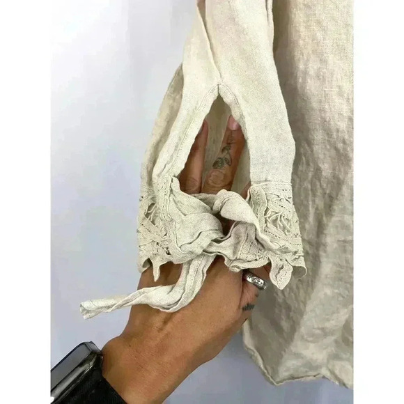 Liz Claiborne Beige 3/4 Sleeve Blouse MEDIUM 100% Linen Crochet - Picture 7 of 11